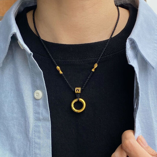 Chow Tai Fook 999 Pure Gold Peace Buckle Gold Pendant Men's Braided Necklace Letter Women's Ruyi Gold Hoop as Birthday Gift Gold Hoop + Gold Beads Black Rope