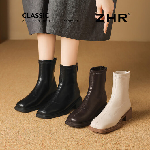 ZHR square toe short boots for women 2025 winter new style plus velvet style small short boots thin boots BL663A black 38