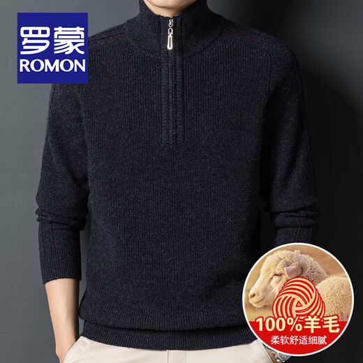 ROMON 100% sheep wool sweater men's half-zip stand-up collar sweater autumn and winter business casual middle-aged warm base sweater H-B03-10917 camel yellow M size 165/85A