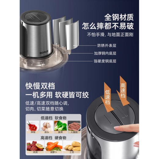 SUPOR meat grinder multifunctional garlic artifact household blender bone crusher garlic pounding cooking machine cooking machine 3L stainless steel double gear double knife