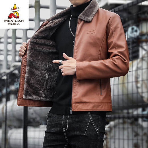 Scarecrow (MEXICAN) Haining Leather Men's Autumn and Winter Thickened Warm Jackets Young and Middle-aged Fur Collar Soft Leather Jackets Winter Men's Brown Velvet Thickened M Recommended 100-115 Jin Jin equals 0.5 kg