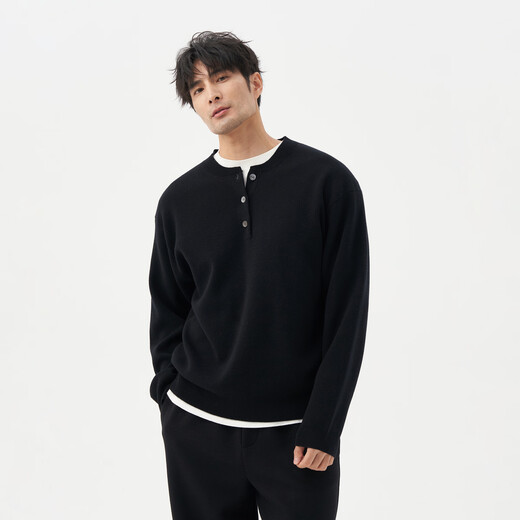 LEZORA Superfine Merino Cashmere Cashmere Autumn and Winter Loose Henley Neck Sweater for Men Black S