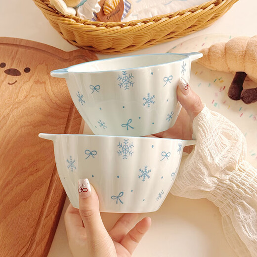 High-looking snowflake bow ceramic double-ear soup bowl yogurt bowl underglaze color household tableware microwave instant noodle bowl Chuxue blue pumpkin double-ear bowl 1 high-temperature underglaze color material