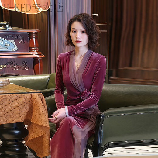 H-KED dress female banquet evening dress high-end slightly fat temperament French annual meeting host evening high-end exquisite dress taro purple dress L