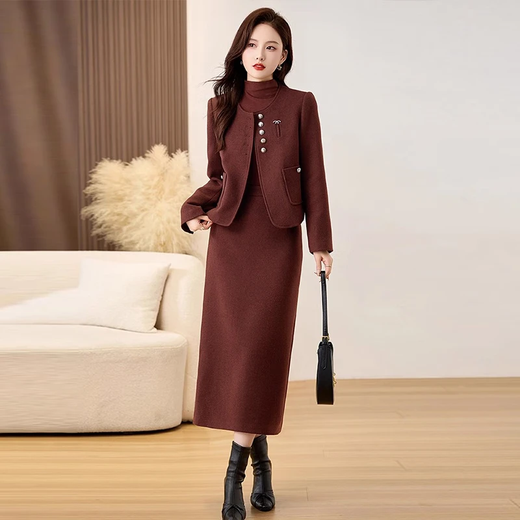 Chu Xin Dress Autumn and Winter 2025 New Women's Light Luxurious High-Quality Woolen Style Fashionable Three-piece Suit Skirt Ancora Red 2XL