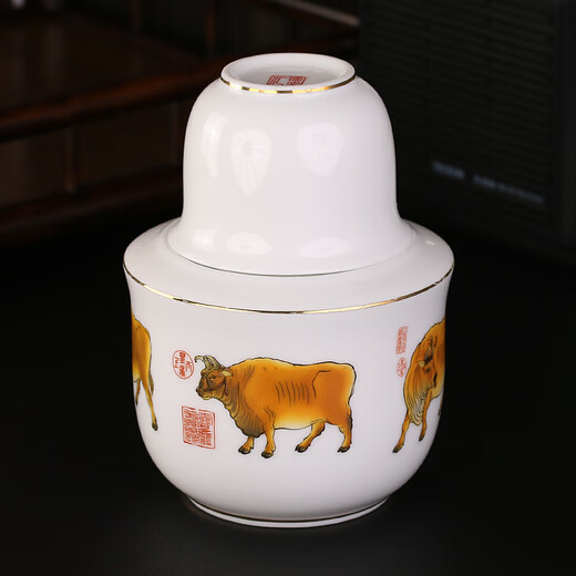 Huirutang Ceramic Wine Warmer Set Hot Wine Kettle Old-fashioned Wine Warmer Zodiac Household Ceramics Five Ox Picture Warmer Wine Kettle Three or Two Packs