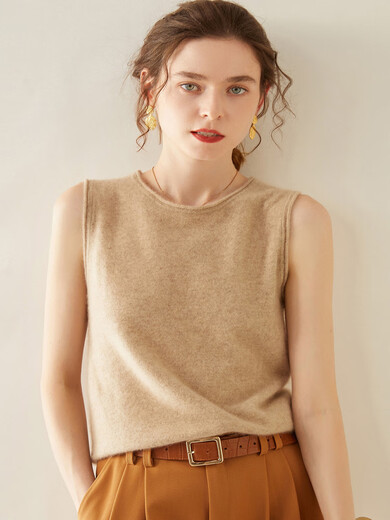 SENLIYA international light luxury high-end cashmere vest women's knitted round neck short sweater cashmere inner jacket base green velvet rice S