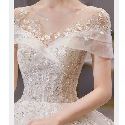 Zhizhou Xian Pauline one-shoulder light wedding dress 2024 temperament main gauze bride summer cover thick arms big tail princess style floor-length standard mid-waist veil skirt support M one size