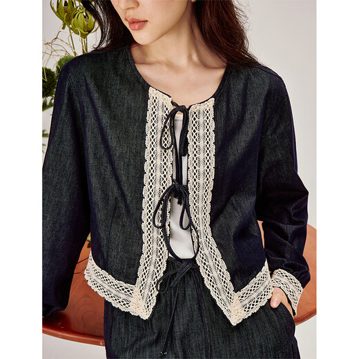 INMAN original color lace splicing denim shirt 2026 spring women's new loose shirt jacket denim blue S