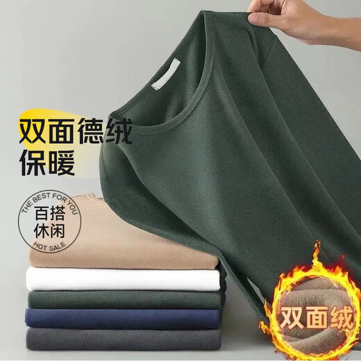 2025 new bottoming men's long-sleeved T-shirt autumn and winter double-sided velvet warm plus velvet round neck top with dark gray 3XL