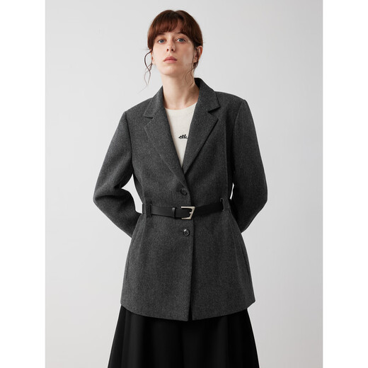 ELLE sheep wool silhouette woolen suit jacket for women 2025 winter new style high-end belt commuter suit dark gray S