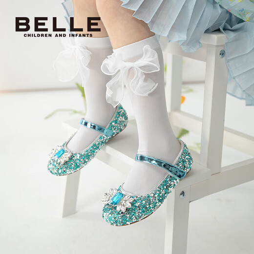 Belle children's shoes, girls' Elsa Princess shoes, 25 autumn new leather shoes, crystal shoes, rhinestone shoes, single shoes, star diamond blue 26