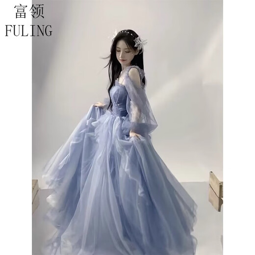 Rich-collared high-end French evening dress female performance costume vocal music and art examination long skirt princess style skirt student birthday host student blue M