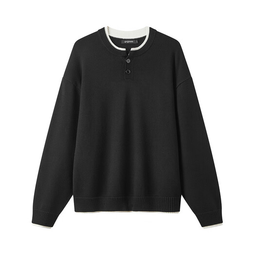 Gxg.jeans men's multi-color fake two-piece loose basic henley collar sweater for men 25 autumn new arrival black pre-sale after November 25th L (175)