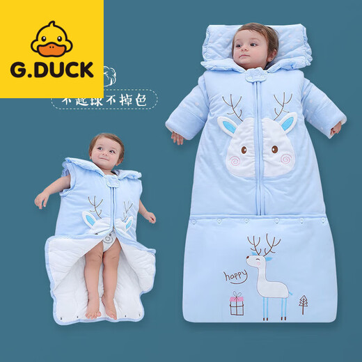 G.duck Little Yellow Duck Baby Sleeping Bag Autumn and Winter Thickened Class A Warm Children 03 Years Old Detachable Baby Winter Sleeping Bag Blue Elk - Thickened - Pure Cotton Fabric 0-3 Years Old - Hooded Full Length 110cm