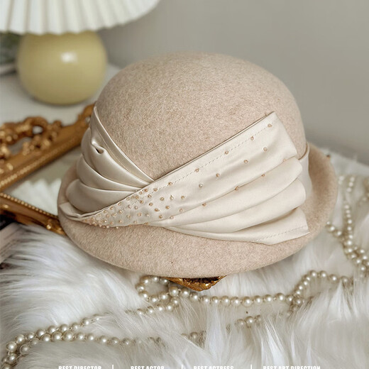 Woodpecker (TUCANO) Elegant Curly Wool Basin Hat Women's Autumn and Winter New Satin Bow Fashion Versatile Wool Fisherman Hat Burgundy M(56-58cm)