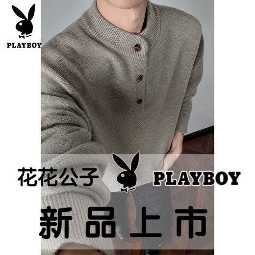 Playboy (PLAYBOY) old money style Henry collar sweater men's spring and autumn loose trendy heavyweight sweater trendy brand-style youth jacket floral gray M