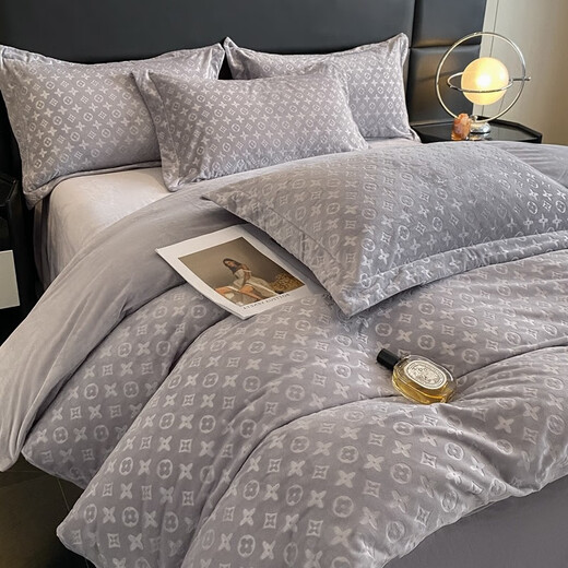 Lady Laura Fuanna 2025 sense milk velvet four-piece set light luxury coral velvet baby velvet thickened bed sheet Eternal-bean paste powder 3 seconds quick warm anti-static bed sheet style 1.5 quilt cover 200x230 four-piece set