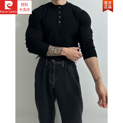 Pierre Cardin Henry collar long-sleeved sweater men's spring new American high-end muscular men's fitness all-match slim T-shirt Brown M 100Jin Jin is equal to 0.5 kg within