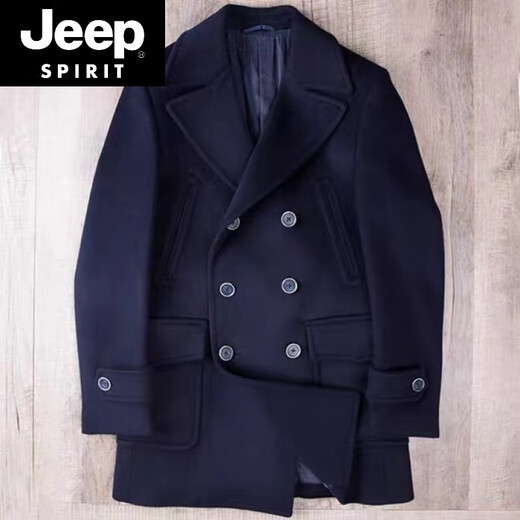 JEEP SPIRIT autumn and winter thickened wool coat men's double row casual navy short peacoat heavy woolen coat trendy dark blue L 135Jin Jin is equal to about 0.5 kg
