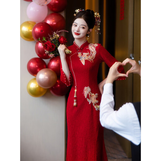 ROMON toasting dress for women autumn 2026 new petite bride style wedding engagement new Chinese fishtail cheongsam dress Phoenix Yu Fei M