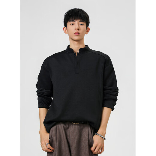 Unicorn cool black American retro Henry collar sweatshirt for men in autumn loose casual long-sleeved T-shirt with inner layering shirt heather gray M