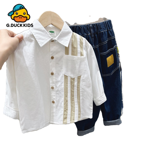 G.duck little yellow duck boys' shirt pure cotton 2024 spring new style children's lapel long-sleeved shirt color matching casual upper CY3099A white ready stock 100 cm