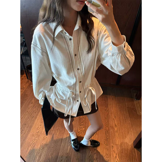 SAME FLOW Ten Points Pear - Lazy design, contrasting color embroidered drawstring shirt, women's autumn and winter new women's top jacket, linen color S