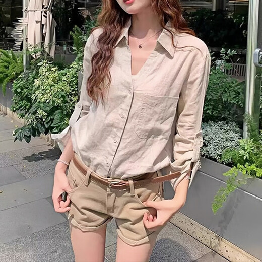 Zuoxu old money style relaxed wide linen long-sleeved shirt for women 2026 spring and autumn design slim casual versatile jacket linen color M (95-105Jin Jin is equal to 0.5 kg)