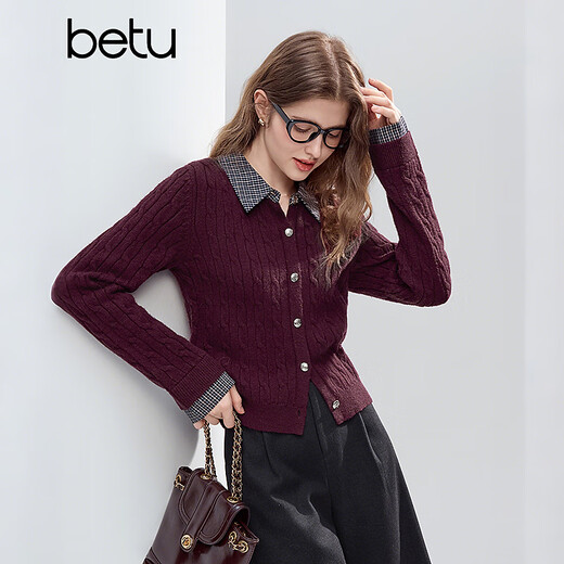 Betu women's 2025 winter new sweater lapel plaid stitching exquisite twisted rope fake two-piece top 2510T39 burgundy M
