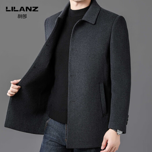 Lilan Men's Double-sided Cashmere Coat Winter Men's Medium Lapel Business Casual Middle-Aged Woolen Woolen Coat Dark Gray