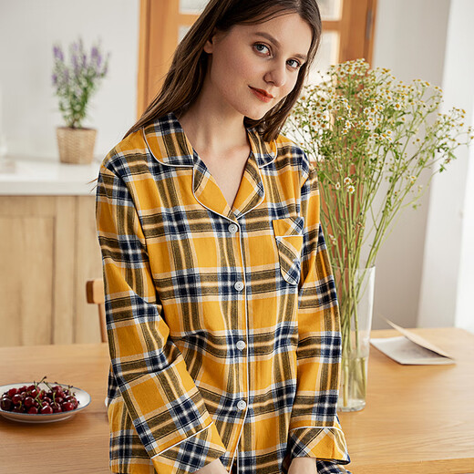 American Standard Cotton Pajamas Men's Autumn Woven Cotton Brushed Couple's 100% Cotton Long Sleeve Women's Home Clothes Yellow XL