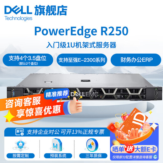 戴尔（DELL）R250/R260/R360/R450 1U机架式服务器主机 ERP文件共享用友金蝶数据库 企业办公 R250 至强E-2324G 4核4线程 16G内存丨2*2TB企业级丨三年质保