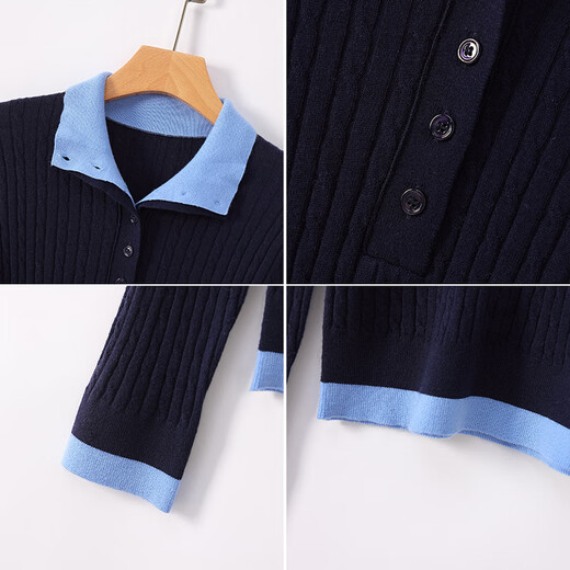 Qianbai Nian Fashionable Stand Collar Fake Two-Piece Wool Sweater Women's Autumn and Winter New Contrast Color Design Bottoming Pullover Sweater Green XL