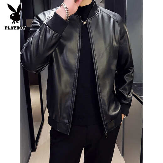 Playboy Baseball Collar Thickened Warm Leather Jacket Men's Slim Autumn and Winter Short Retro Youth and Middle-aged Leather Jacket Autumn and Winter Black Velvet Winter Velvet Thickened L Small