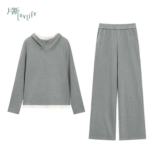 Fragment (dribs&drabs) suit women's new winter hooded casual fake two-piece sweatshirt elastic high waist sports straight pants gray L