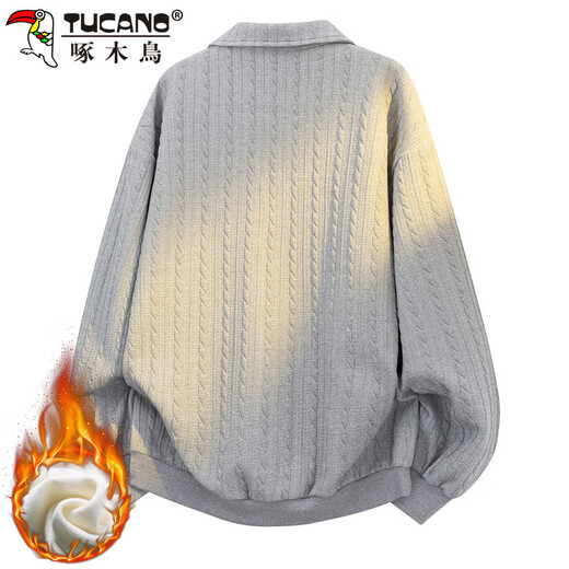 Woodpecker (TUCANO) sweatshirt men's autumn and winter lapel loose long-sleeved T-shirt fake two-piece polo bottoming shirt jacket gray plus velvet XL