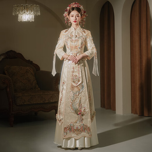OIMG Light Luxury 2025 New Golden Xiuhe Suit High-end Bridal Chinese Wedding Dress Heavy Industry Luxury Toast Suit Shuangfeng Heavy Industry Champagne Color No Headgear S