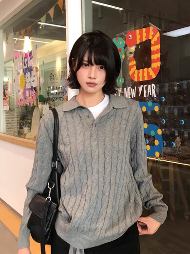 Yingtang American retro cable Polo lapel sweater for men in autumn old money style cleanfit henley collar sweater white upgraded style L (suitable) 115-130 Jin Jin equals 0.5 kg one size