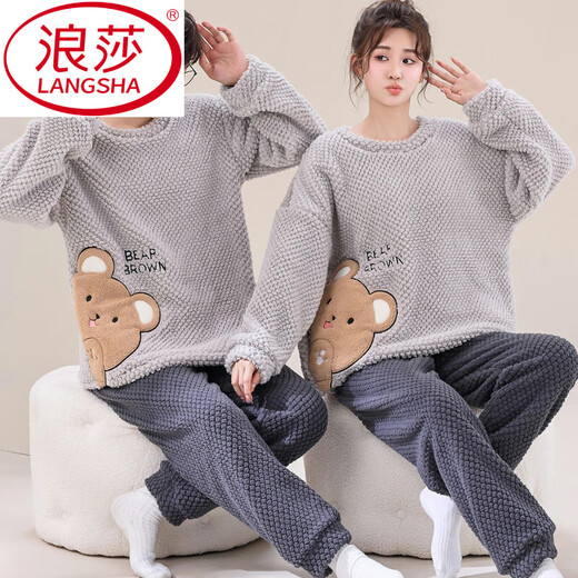LangSha buy one get one free couple pajamas for women autumn and winter coral velvet thickened cute cartoon large size men's home wear set velvet Kurome M female + male L
