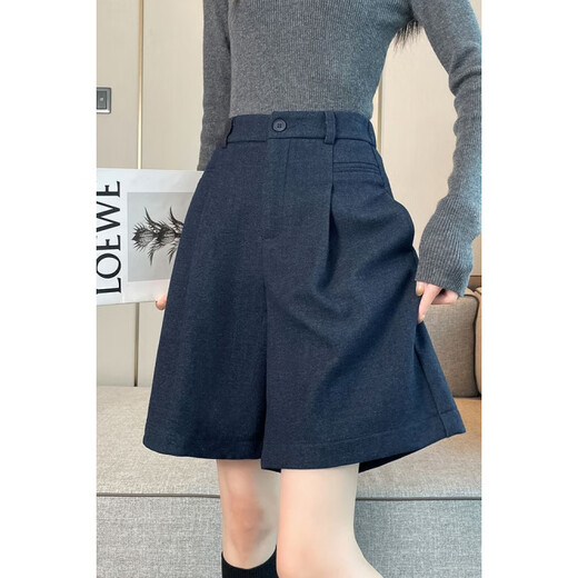 Pierre Cardin navy blue woolen shorts for women autumn and winter 2025 new high-waisted slim a-line outer wear wide-leg temperament mid-length pants dark gray L 108-120Jin Jin equals 0.5 kg Select