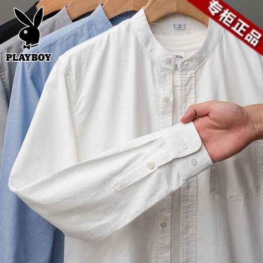 Playboy Pure Cotton Oxford Spun Shirt Men's Long Sleeve 2025 Spring and Autumn White Stand Collar Shirt Premium Henley Collar Jacket for Men White Cotton Oxford Spun 2XL (Suitable for 156-175 Jin Jin equals 0.5 kg)