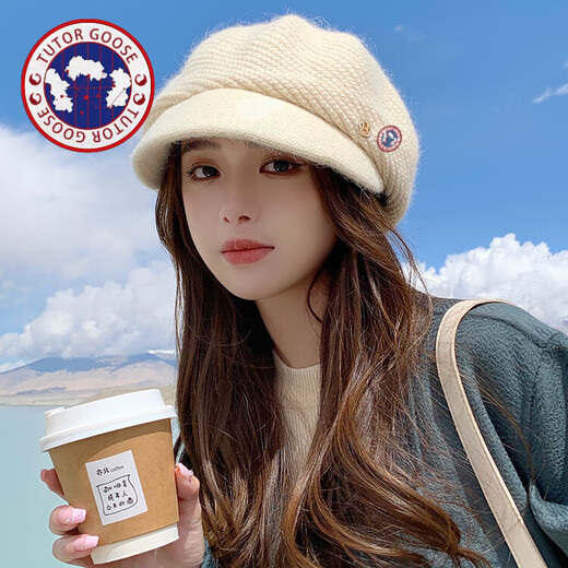 TUTORGOOSE rabbit fur knitted woolen hat for women in autumn and winter beret duck tongue winter thickened warm ear protection Korean style versatile trendy beige one size plus velvet adjustable