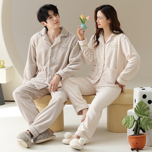 Congxin two sets of soft flannel couple pajamas for autumn and winter, thickened and velvet to keep warm, 25 years new men's and women's home clothes G 64956 light apricot + 75956 rice apricot L male + female M