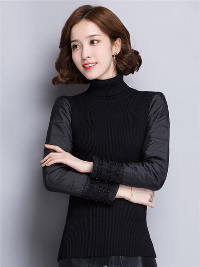 CARSEMKEITN Down Sleeves Cotton Sleeves Bottoming Shirt Women's Winter Sleeves Thickened Sweater with Fur Vest Knitted Slim-fitting T-shirt Black Turtle Collar Body Plus Integrated Velvet S Recommended 80-95Jin Jin is equal to 0.5kg