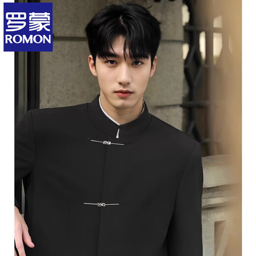 ROMON high-end new Chinese casual suit men's national style stand-up collar tunic style airplane button loose suit suit black two-piece suit top + pants 2XL