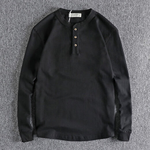 Hong Kong purchasing American retro high-weight knitted versatile henley collar long-sleeved men's T-shirt solid color spring and autumn bottoming shirt black S S100-120Jin Jin is equal to 0.5 kg