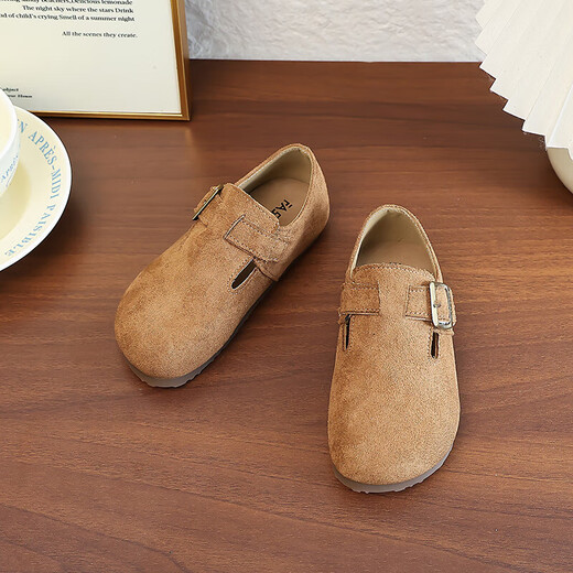 Girls' Shoes Retro British Birkenstock Shoes 2025 Autumn New Girls Soft Sole Princess Small Leather Shoes Peas Single Shoes Yellow Brown 30 (Inner Length 18.2cm)