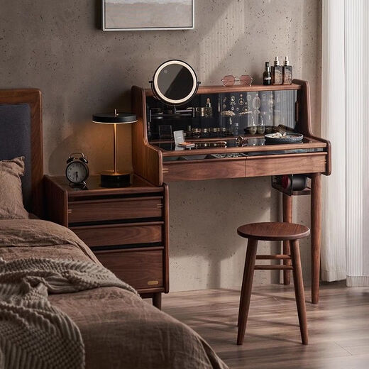 Zailu solid wood retractable dressing table bedroom dressing table bedside table integrated black walnut small apartment bedside desk mirror floating life like a dream - retractable dressing table + round stool
