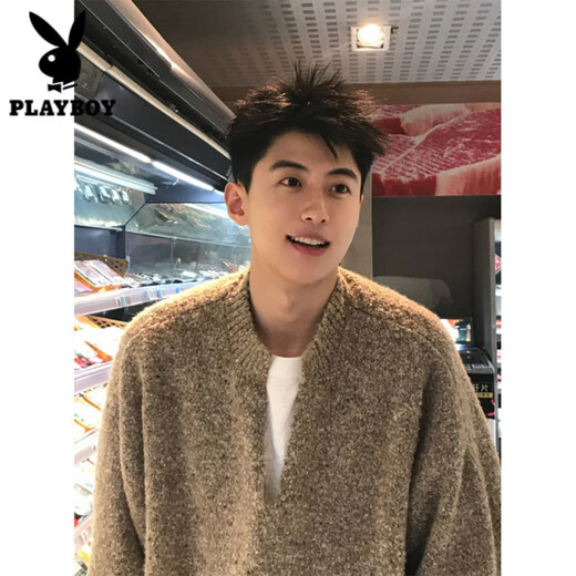 Playboy (PLAYBOY) Sweater Men's Cleanfit Henley Collar Winter Trendy Interior Loose Lazy Men's American V-neck Sweater Khaki Upgrade XL 130 to 145Jin Jin equals 0.5kg Can be worn